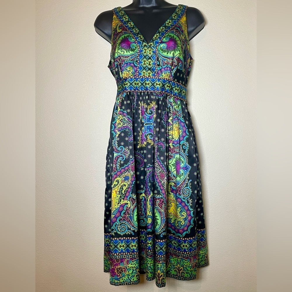 Peacock Paisley Blue Multicolor Satin Sleeveless Sexy Midi Dress Size Small (6)